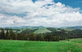 Landscape of the hill with haystacks in the great mountains in spring in the cloudy day photo