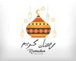 Ramadan Kareem Greeting Card. Ramadan Kareem Islamic design with mosque dome and lanterns. Ramadan background with calligraphy - Vector