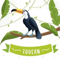 Toucan bird cartoon character. Toucan sitting on a tree branch. Cute toucan flat vector, South America fauna. Wild animal illustration, nature concept, children book illustrating. Summer illustration vector