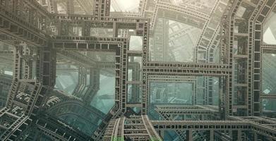 construcción de puentes fractales. diseño fractal generado por ordenador abstracto. Ilustración 3d de una hermosa ciudad futura de puente foto