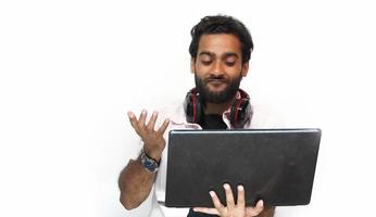 boy not happy while attenting online meeting photo