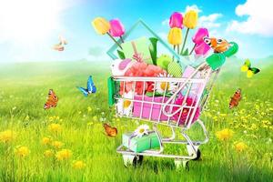 Mini shopping cart with colorful flowers and butterflies. photo