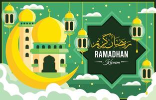 Ramadhan Month Mosque And Lamp Flat Design vector