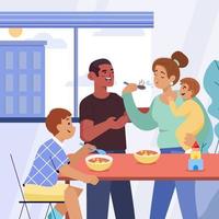 Mother and Her Children in Dining Table Together vector