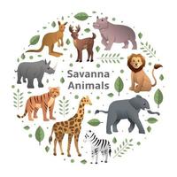 Vector illustration of African animals, Elephant, Giraffe, Zebra, Lion, isolated on transparent background