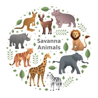 Vector illustration of African animals, Elephant, Giraffe, Zebra, Lion, isolated on transparent background