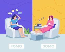 Fear of missing out vs Joy of missing out illustration vector