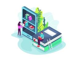 Online library concept in 3d isometric vector