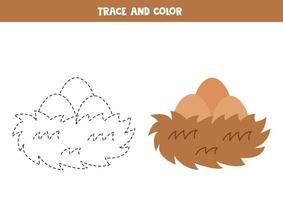 Trace and color cute bird nest with eggs. Worksheet for children. vector