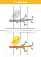 Cut and glue parts of cartoon bird on branch. vector
