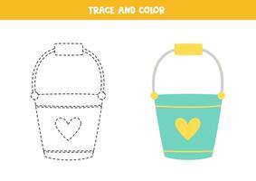 Trace and color cartoon bucket. Worksheet for children. vector