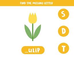 Find missing letter with tulip. Spelling worksheet. vector