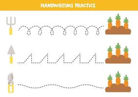 Tracing lines for kids. Cartoon gardening tools. Writing practice. vector
