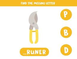 Find missing letter with pruners. Spelling worksheet. vector