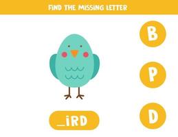 Find missing letter with blue bird. Spelling worksheet. vector