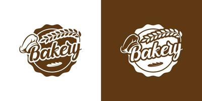 label emblem badge bakery logo design with chef hat and wheat vector