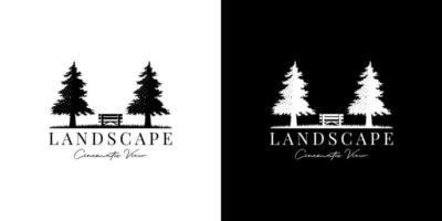 vector de diseño de logotipo de vista de paisaje cinematográfico de pino y banco de madera