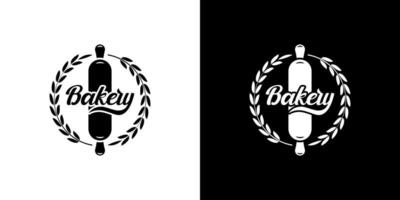 label emblem badge bakery logo design with rolling pin and circular wheat vector