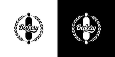 label emblem badge bakery logo design with rolling pin and circular wheat vector