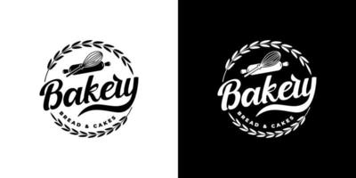 label emblem badge bakery logo design with rolling pin balloon whisk and circular wheat