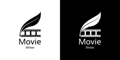 movie writer cinema film production with filmstrip and quill feather pen logo design vector