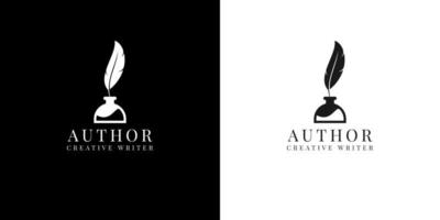 feather quill pen with ink bottle logo design vector