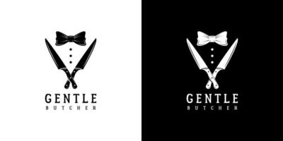 bow tie tuxedo with butcher knife butchery logo design vector