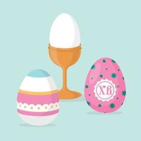 Easter holiday. Painted Easter eggs and an egg in a stand. Vector image.