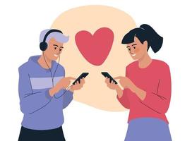 People with phone. A woman is typing a message on the phone. The guy listens to music on a smartphone. Vector image.