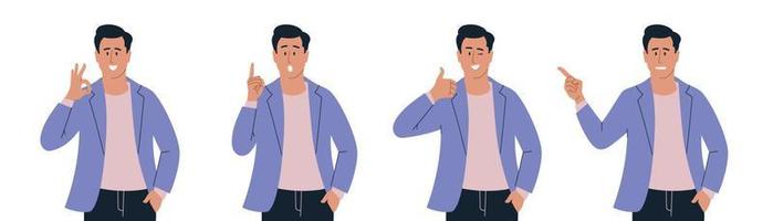 People. A man with different emotions and gestures. Presentation. Set of vector images.