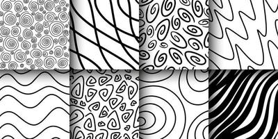 Hand-drawn ink pattern and textures set. Expressive seamless abstract vector backgrounds in black and white. Trendy monochrome brush marks. Set of seamless abstract hand-drawn patterns. Vector modern