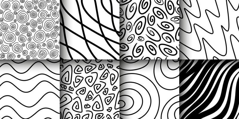 Hand-drawn ink pattern and textures set. Expressive seamless abstract vector backgrounds in black and white. Trendy monochrome brush marks. Set of seamless abstract hand-drawn patterns. Vector modern
