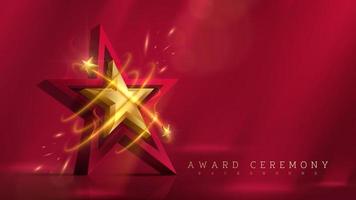 3d gold star with glitter light and fire effect decoration and bokeh element and beam. Luxury award ceremony background concept. vector