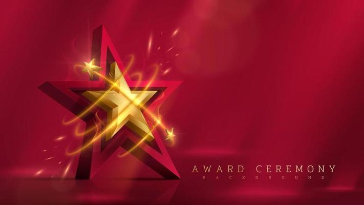 3d gold star with glitter light and fire effect decoration and bokeh element and beam. Luxury award ceremony background concept.
