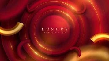 Red luxury background with 3d circle frame with gold line and glitter light with blur effect and bokeh. vector