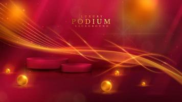 Red product display podium with gold glitter light line and 3d ball element and blur and bokeh decoration. vector