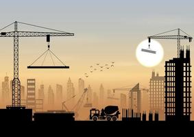 Vector illustration of Silhouettes of cranes working on the building