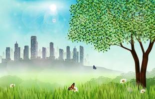 Green meadow background with buildings