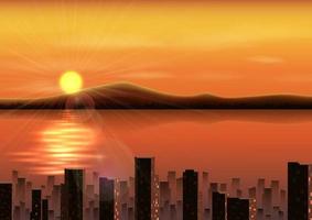 fondo de puesta de sol con montañas y ciudad en el río vector