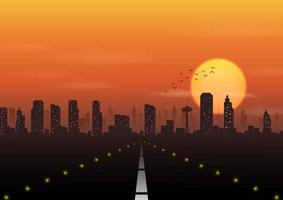 Road to the city with construction site at sunset background vector