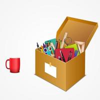 Office accessories in a cardboard box with a mug vector
