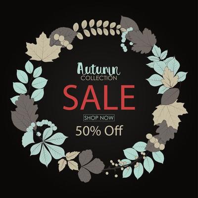Vector illustration of Autumn sale banner with round frame leaves