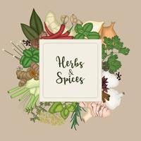 Vector illustration of Round frame background with spices and herbs