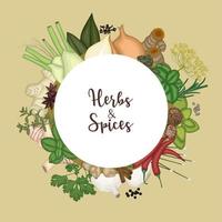 Vector illustration of Round frame background with spices and herbs