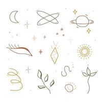 Set of celestial and mystical elements. Hand drawn doodles. Eye, crystal, leaf, sun, moon, planet and stars. Vector illustration