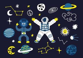 Space set with stars, planets, astronaut, alien, constellations vector