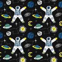 Seamless space pattern with astronaut, planets and constellations vector