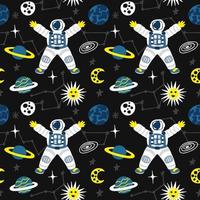 Seamless space pattern with astronaut, planets and constellations vector