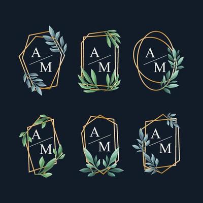 Wedding Monogram with Geometric Frame and Leaves