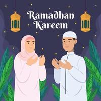 pareja musulmana rezando en el mes de ayuno vector